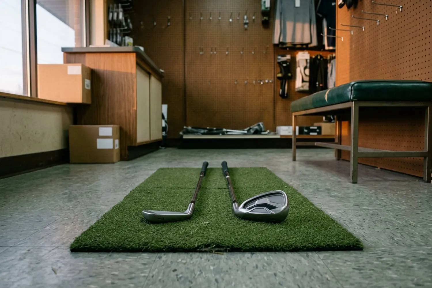 Two irons laid side by side on a practice mat, a slim blade iron next to a cavity-back game-improvement iron with a wide sole