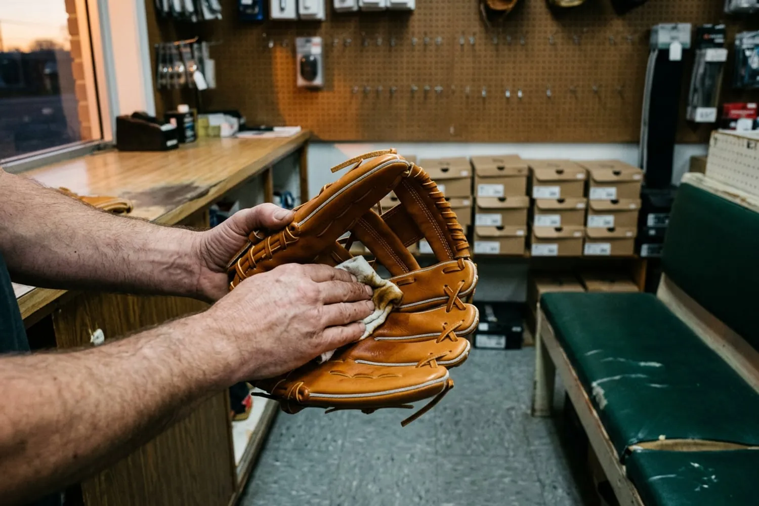 A pair of hands working a light coat of glove oil into the pocket of a new leather baseball glove with a soft cloth