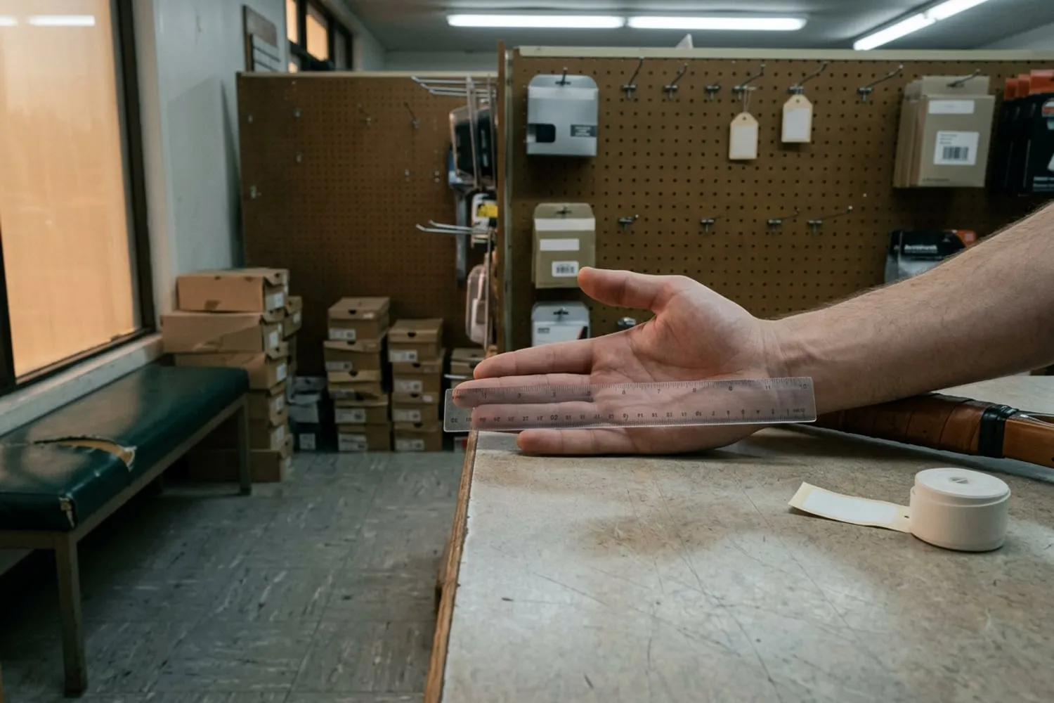 A hand held flat with the fingers together, a ruler laid from the crease at the base of the palm to the tip of the ring finger, a tennis racket handle and a roll of white overgrip on the table beside it