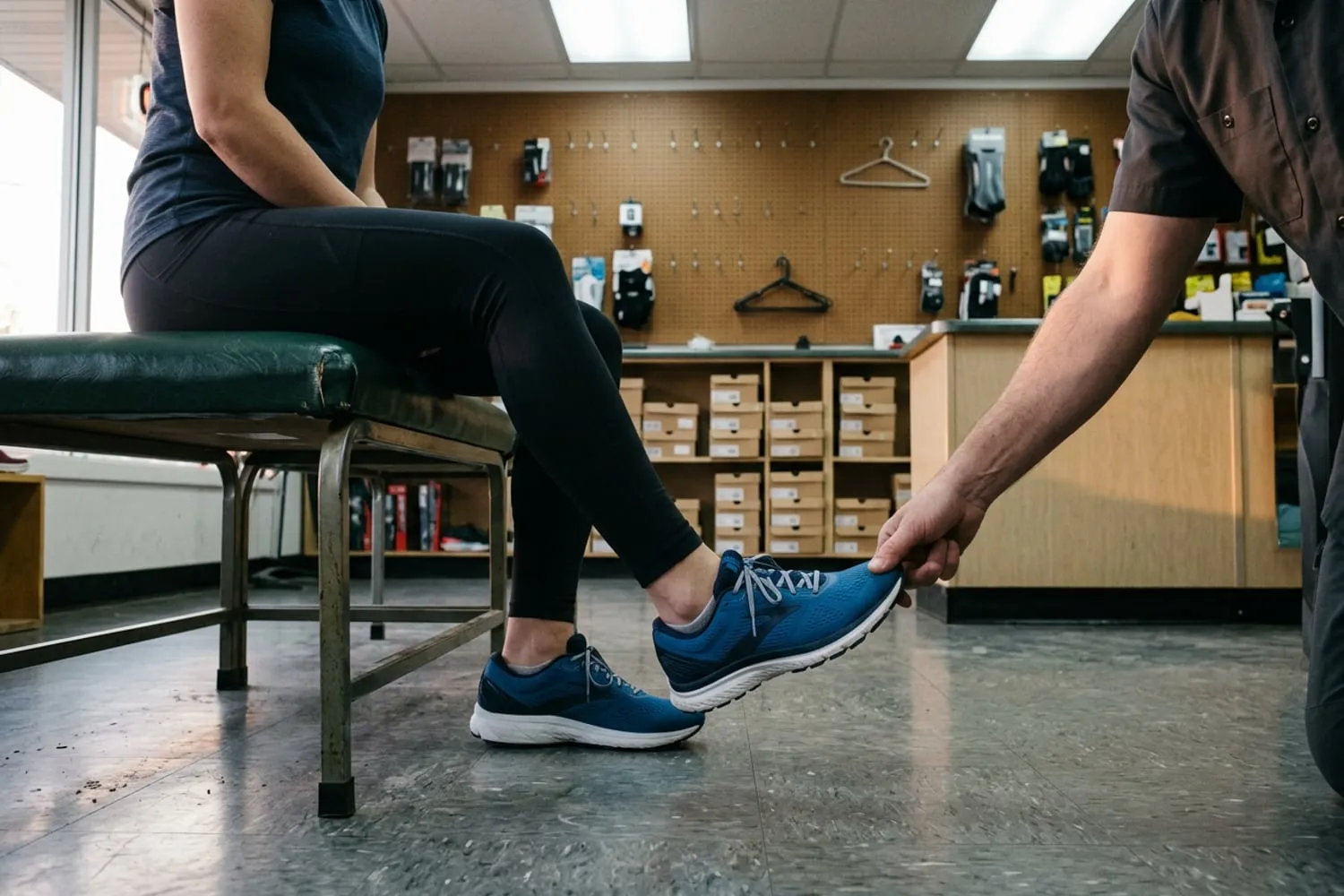 A thumb pressing down on the toe of a blue running shoe on a runner’s foot to check the space in front of the longest toe
