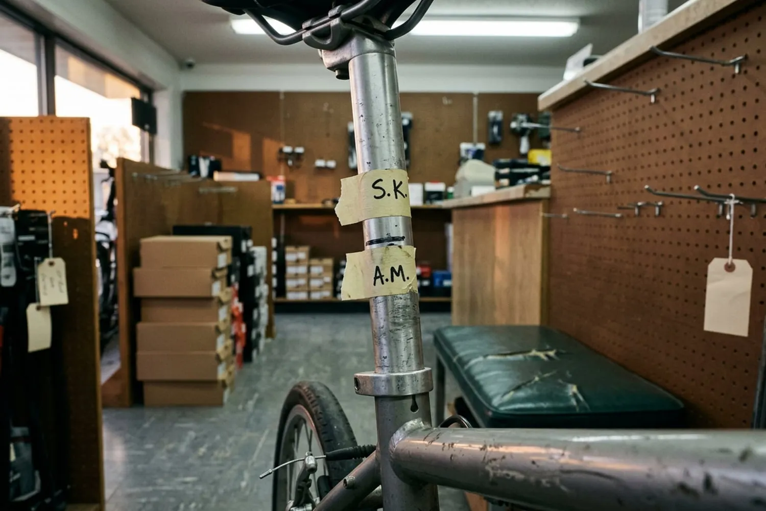 A strip of tape on a bike’s seatpost marked with two riders’ initials at different saddle heights