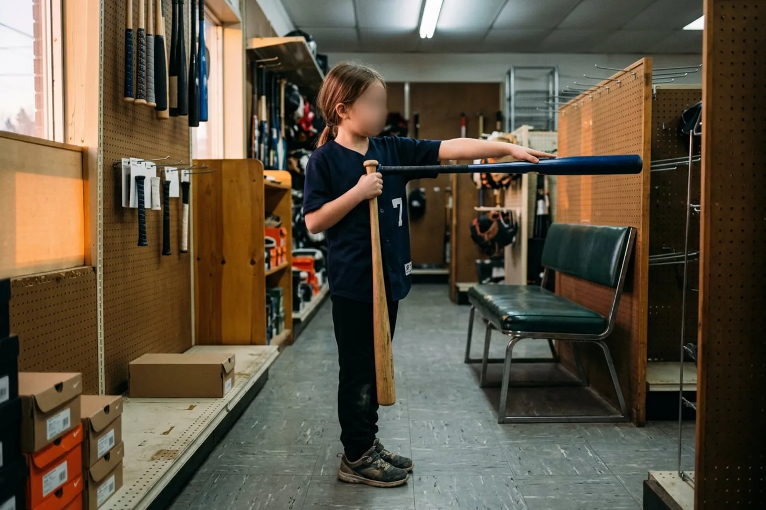 A girl holding a youth baseball bat by the knob against the center of her chest, the bat pointing out to her side along her outstretched arm, her fingertips reaching the end of the barrel in a sporting goods store aisle
