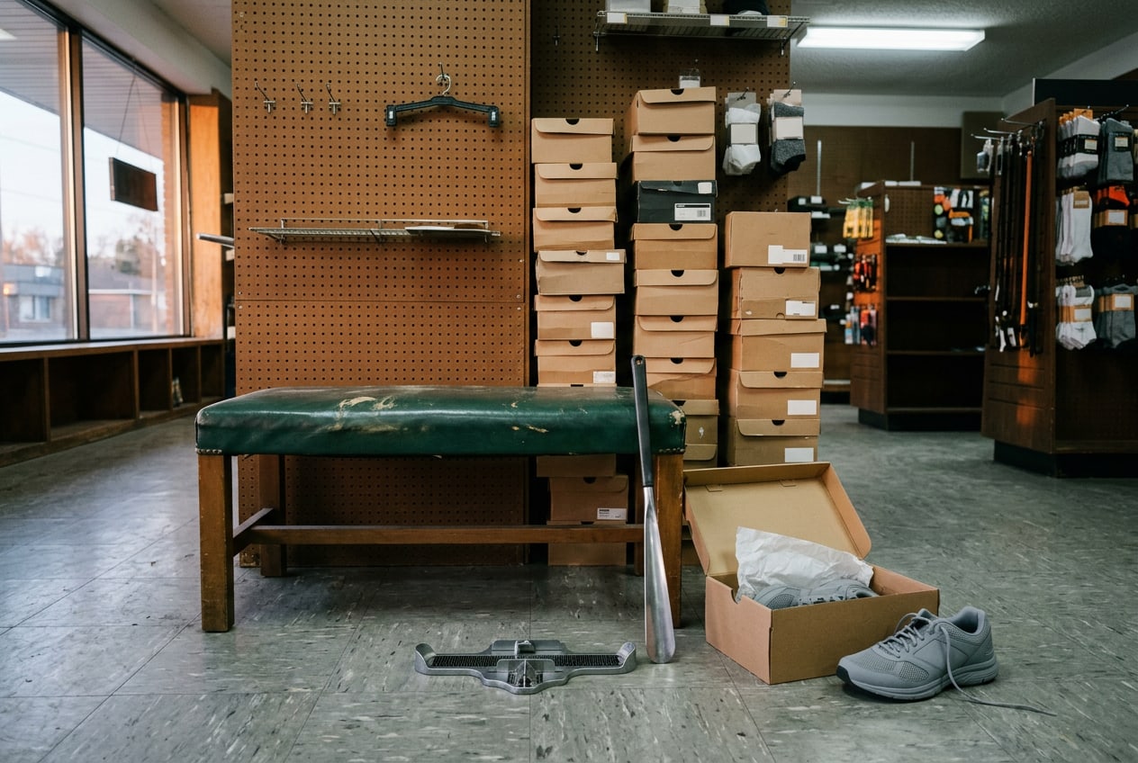 The shoe-fitting bench: a worn vinyl bench, a metal foot-measuring device on the floor and an open box of running shoes with the laces undone.