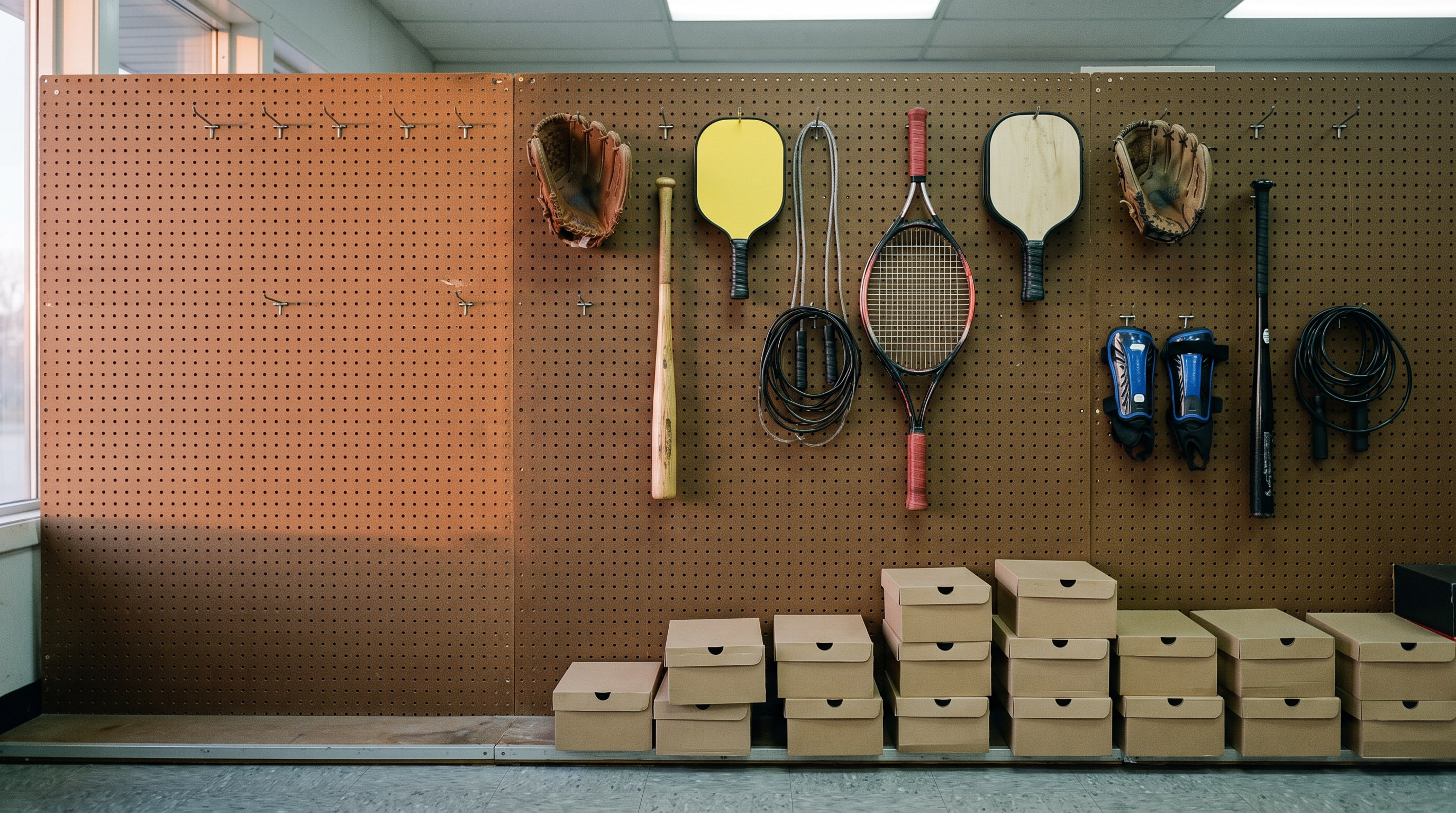 The pegboard wall of a small sporting goods store after closing: rackets, paddles, gloves and youth bats on metal hooks above a shelf of shoe boxes.