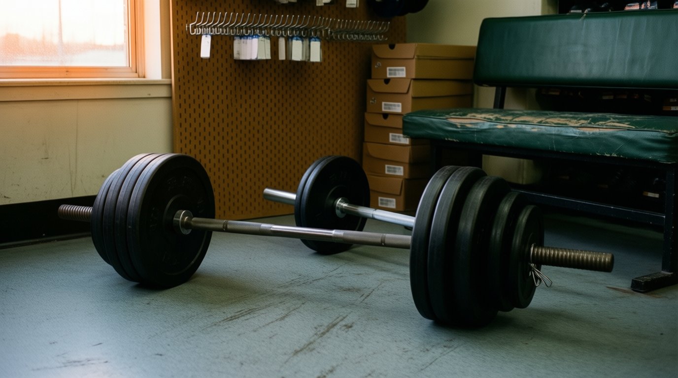 Barbells and weight plates sit on the floor of a closed independent sporting goods store, illuminated by evening sunlight.