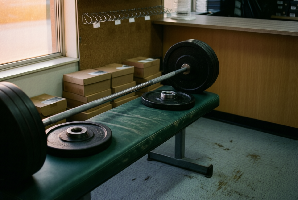 A steel barbell and weight plates rest on a worn green bench in a quiet sporting goods store at dusk.