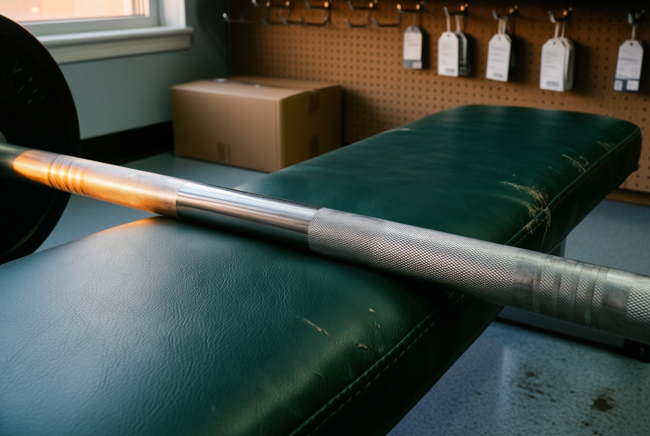 A steel barbell rests on a green bench in a store, its knurled shaft catching warm light against a pegboard background.