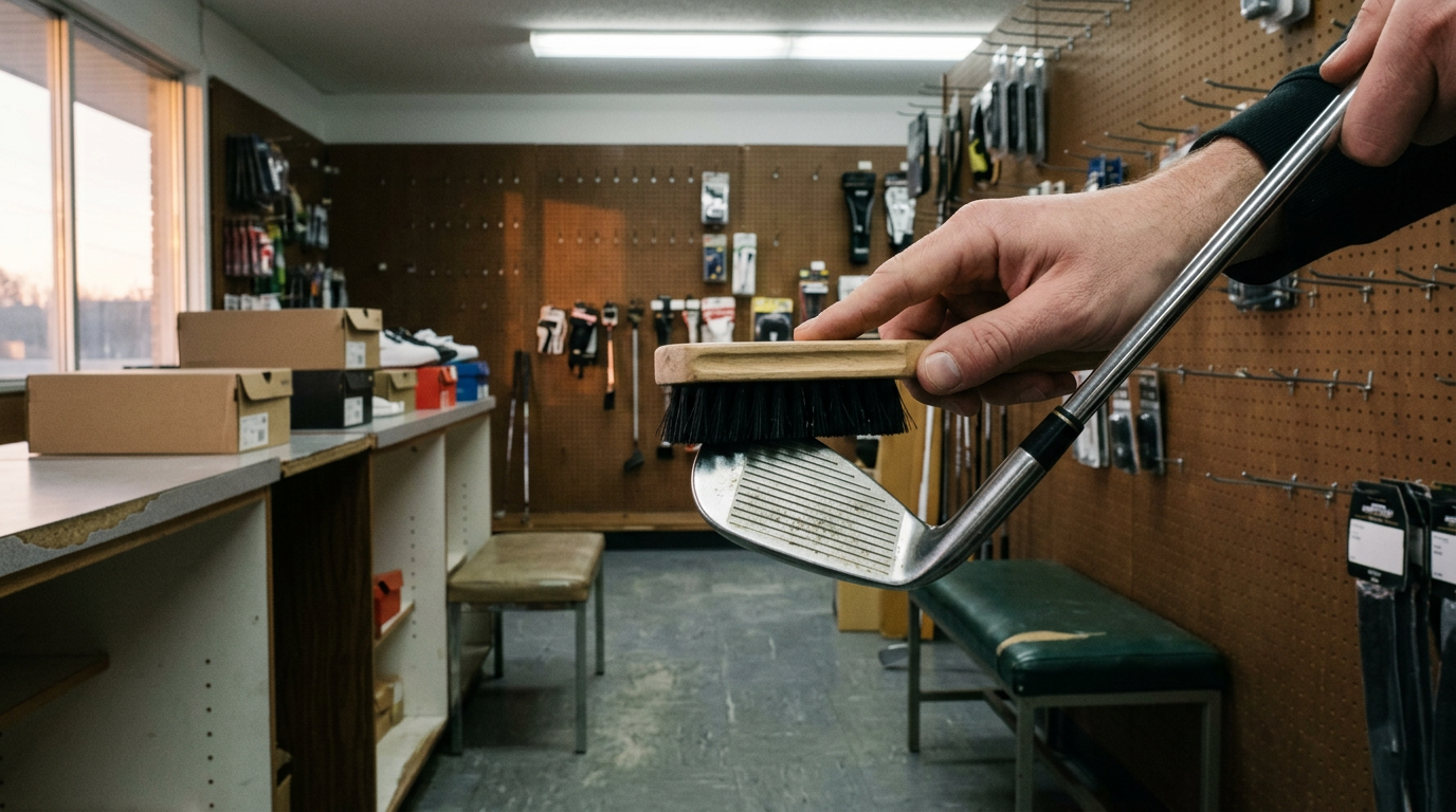 Golfer cleans club grooves with brush on fairway; store interior backdrop.