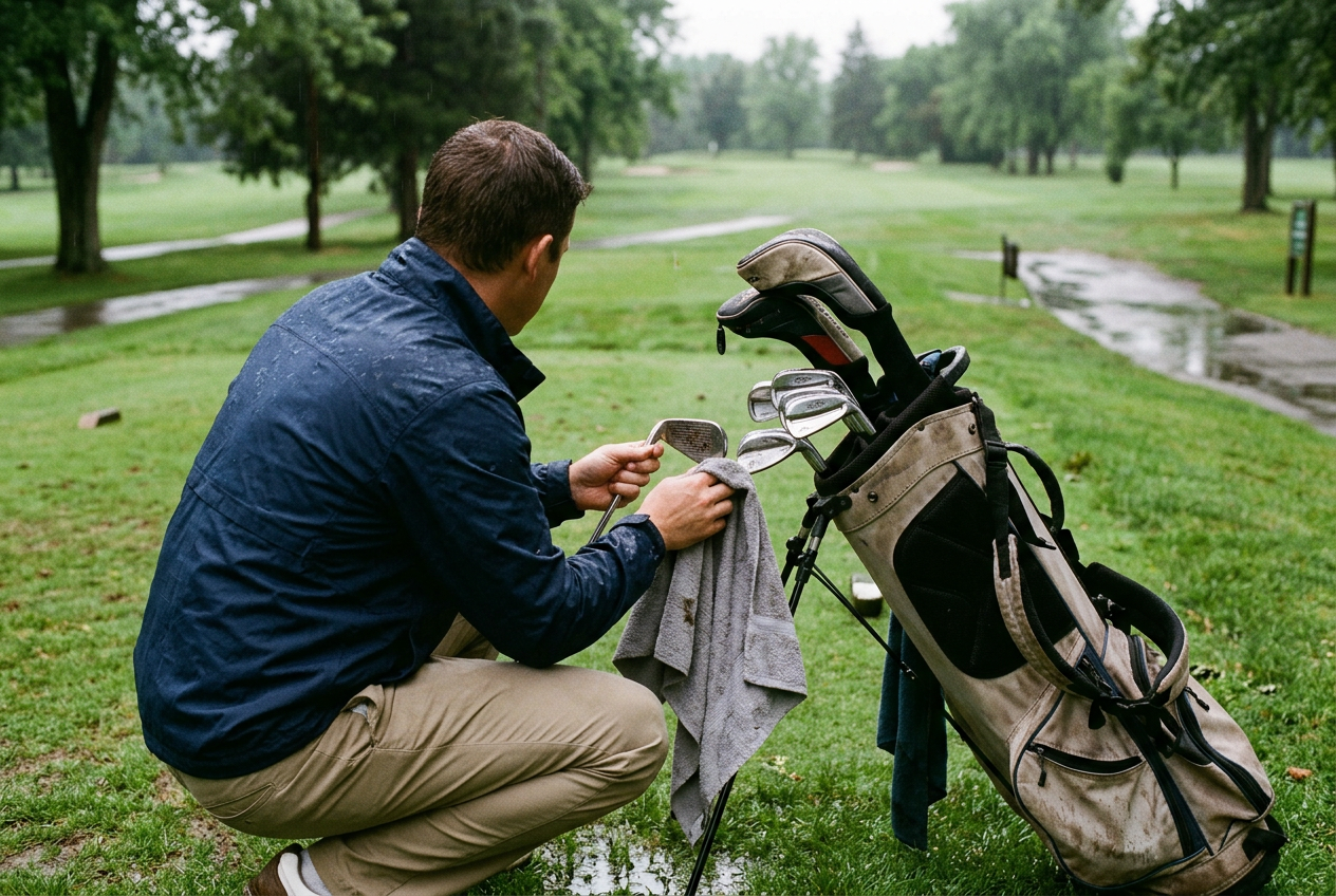 A golfer dries iron heads with a towel on a wet golf course after a rainy hole.