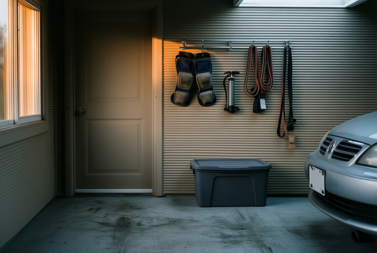A tidy garage features a slat wall with knee pads, a pump, and resistance bands, illuminated by warm evening light.