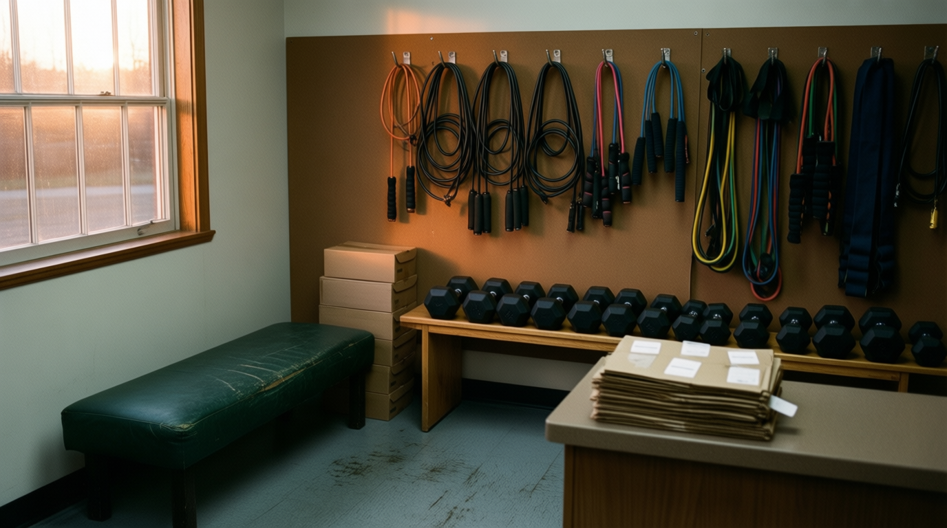 An empty sporting goods store at dusk, featuring dumbbells, jump ropes, and a worn bench under warm evening light.