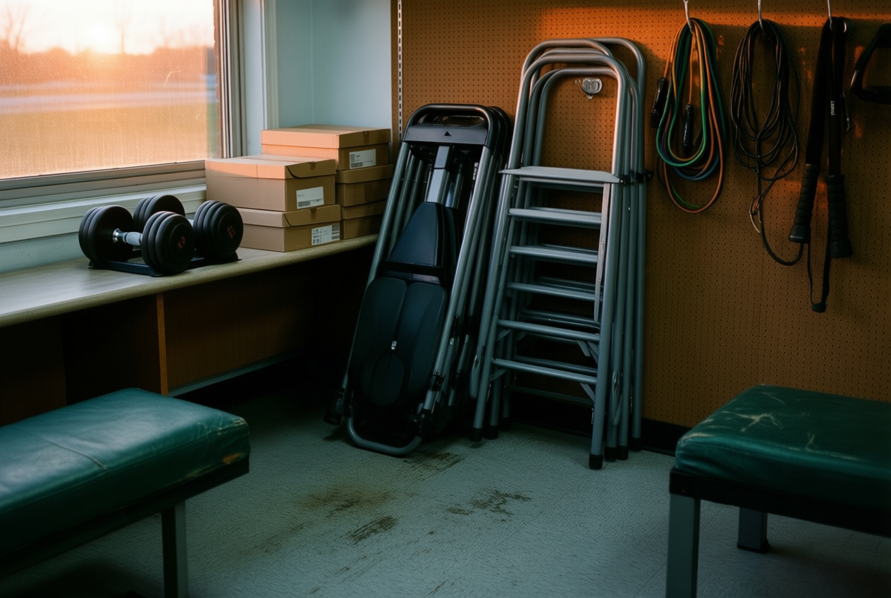 A dimly lit sporting goods store corner with a folded bike, dumbbells, and resistance bands.