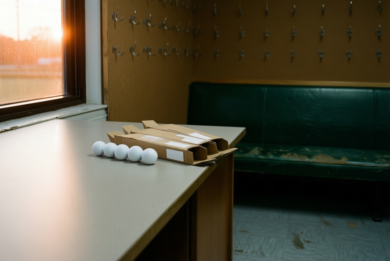 Five white golf balls rest on a store counter beside empty sleeves, illuminated by evening sun and overhead light.