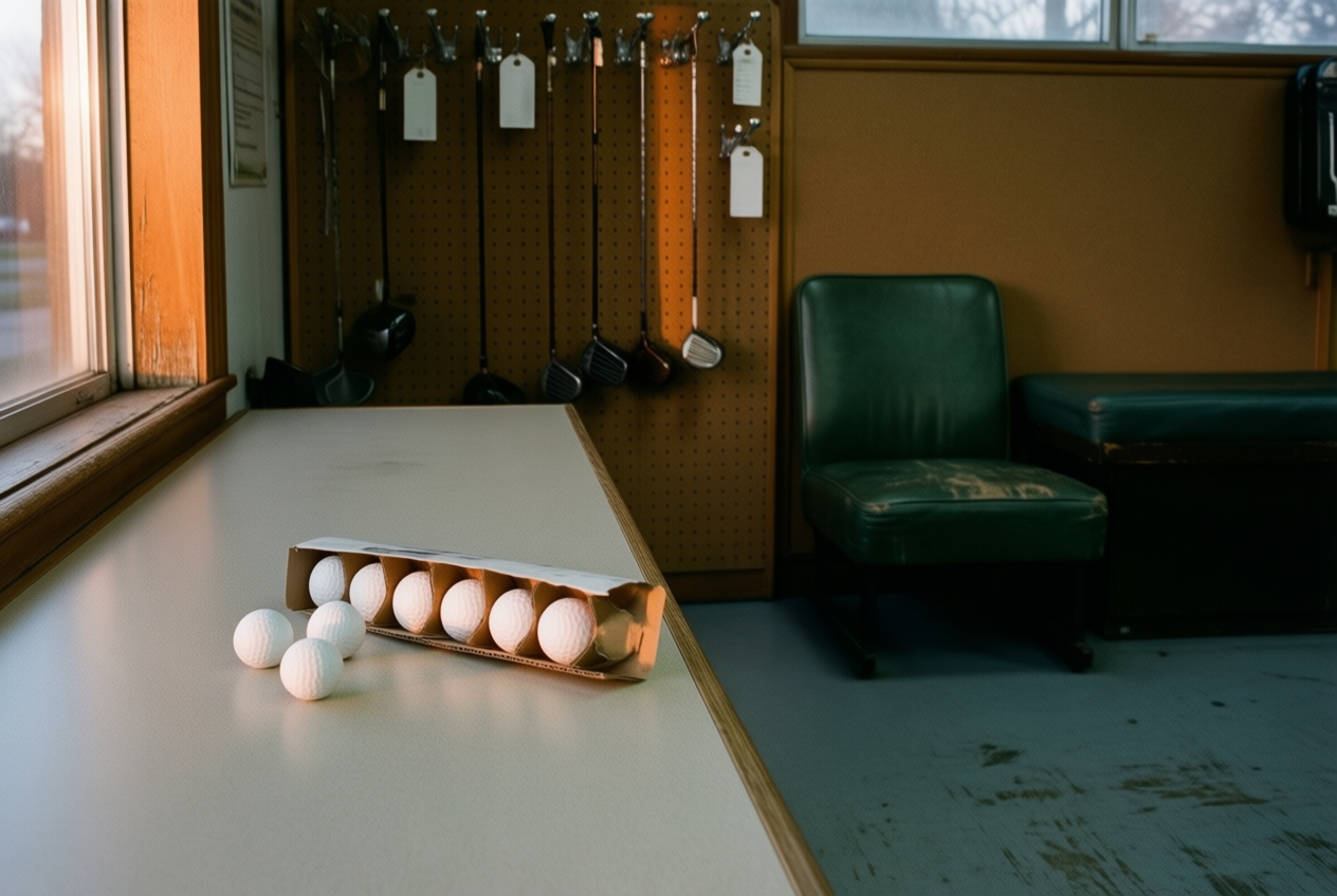 Three white golf balls sit on a counter in a quiet, empty sporting goods store after closing time.