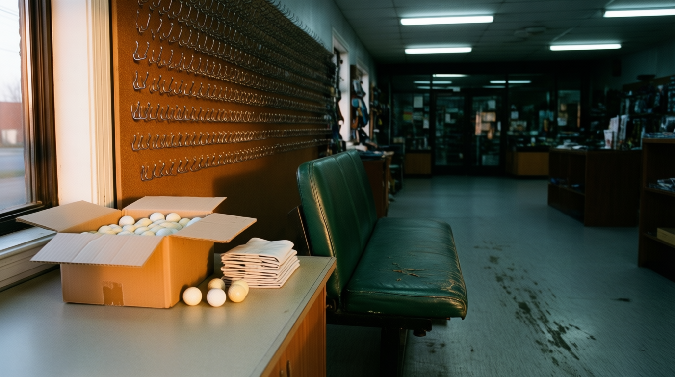 Golf balls spill from open boxes on a counter in a quiet, dimly lit sporting goods store after closing.