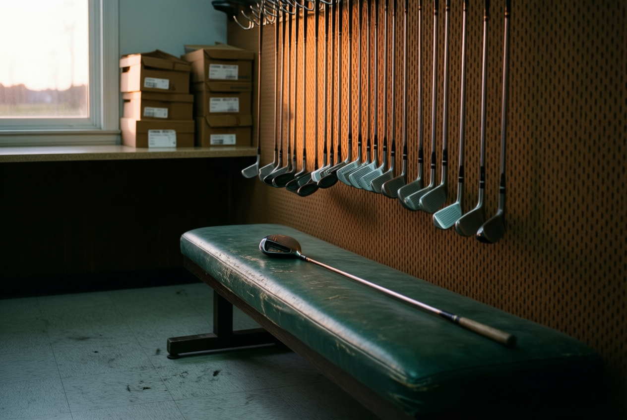 Golf drivers hang on a pegboard wall behind a bench in a quiet, dimly lit sporting goods store after hours.