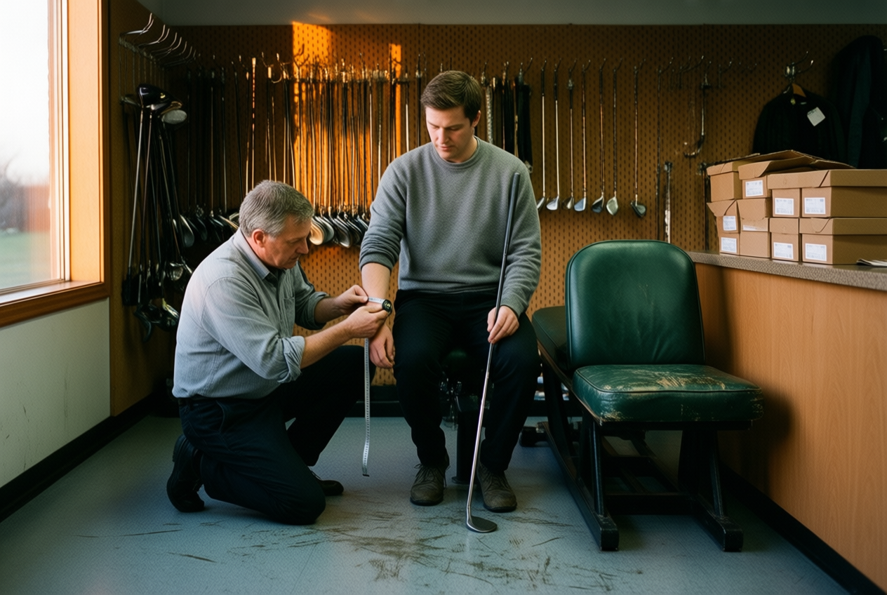 A fitter measures a golfer's wrist in a dim shop with pegboards and clubs.
