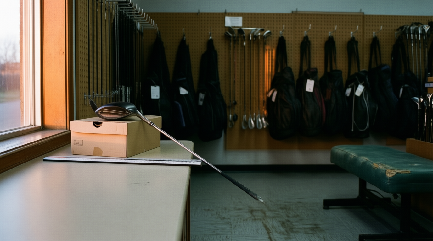 A golf driver rests on a counter in an empty sporting goods store, with clubs on pegboard walls and warm evening light.