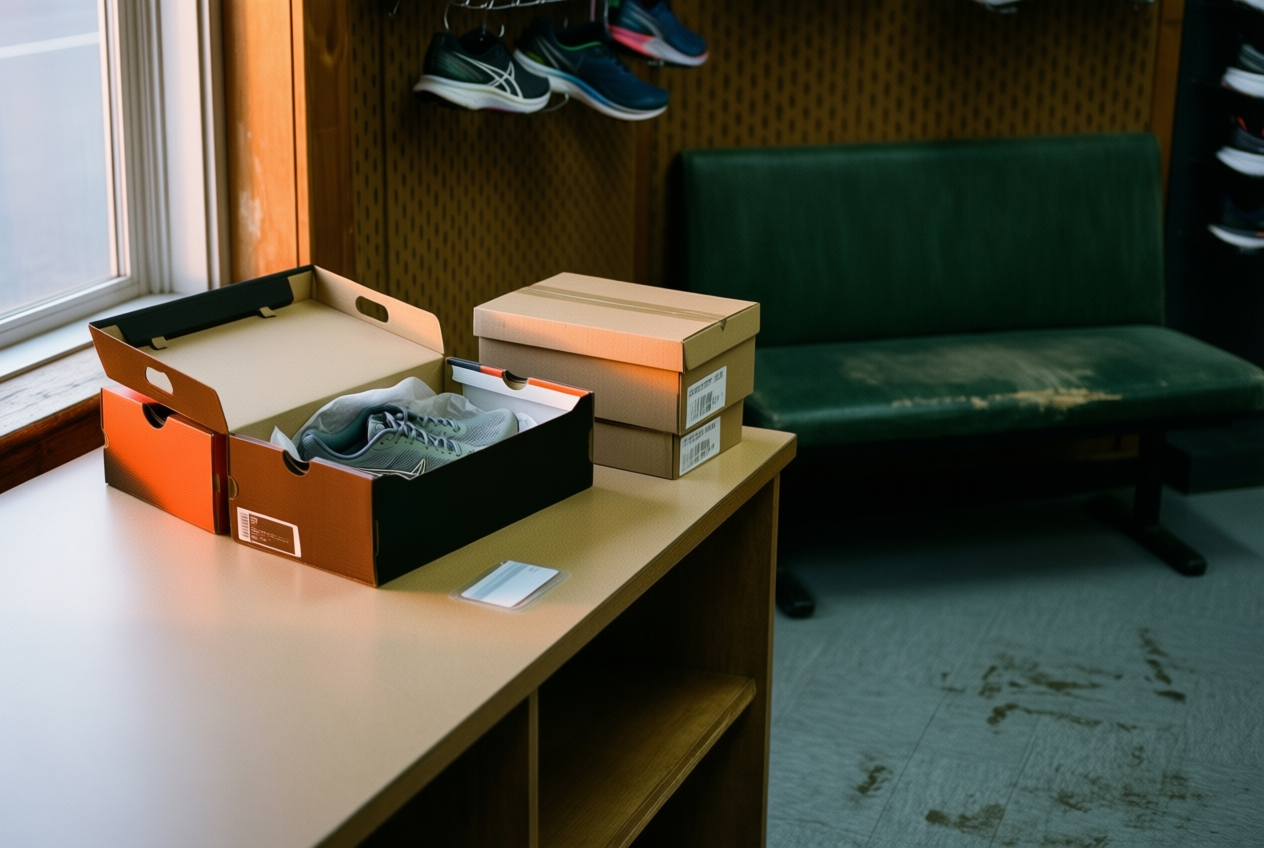 Running shoes and boxes sit on a store counter under mixed evening light, with shoes hanging on the pegboard wall behind.