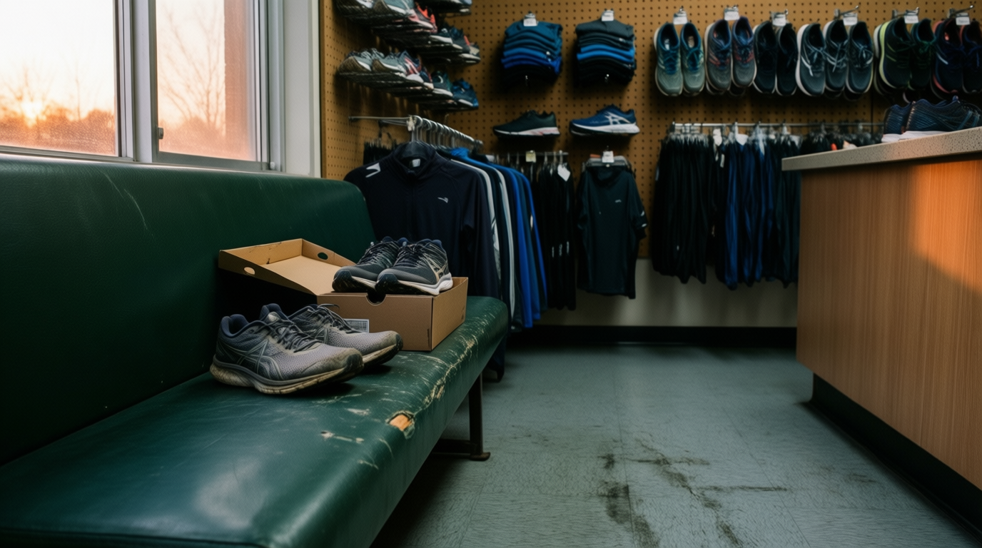 Running shoes and apparel sit on a worn bench in a quiet sporting goods store, bathed in warm evening light.