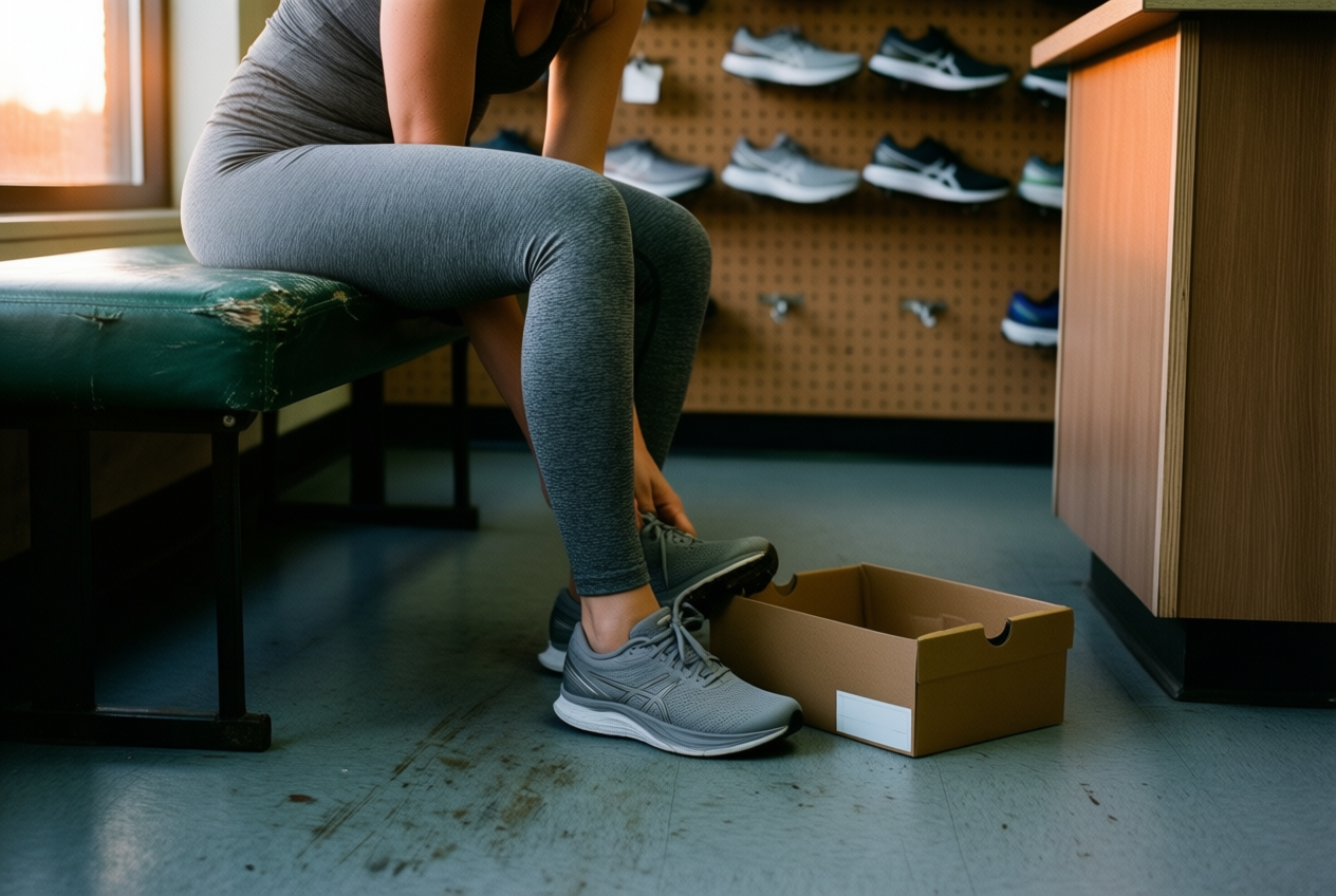 A woman tries on grey running shoes in a dim sports store, with a shoe box on the floor and racks of shoes in the background.