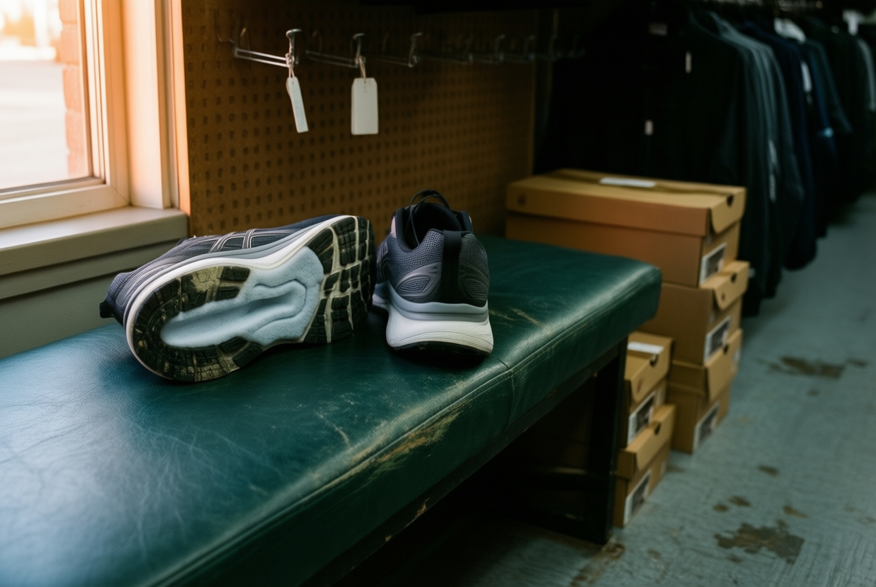 Running shoes rest on a green fitting bench in a dimly lit sporting goods store after hours.