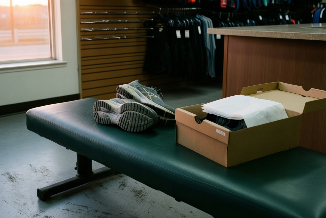 Old running shoes sit on a store bench beside a new pair in an open box, lit by warm evening sun.