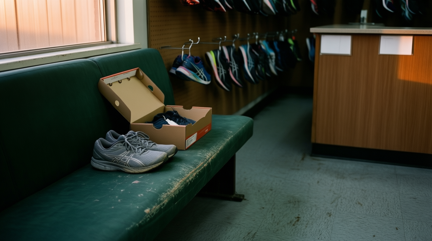 Worn running shoes sit on a bench beside new ones in a store after hours.