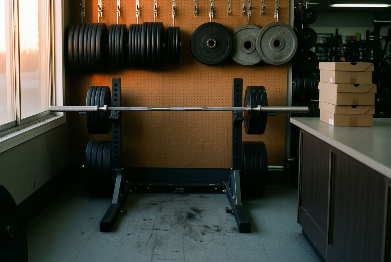 A steel barbell rests on a rack in an empty sporting goods store, surrounded by hanging weight plates and shoe boxes under mixed lighting.