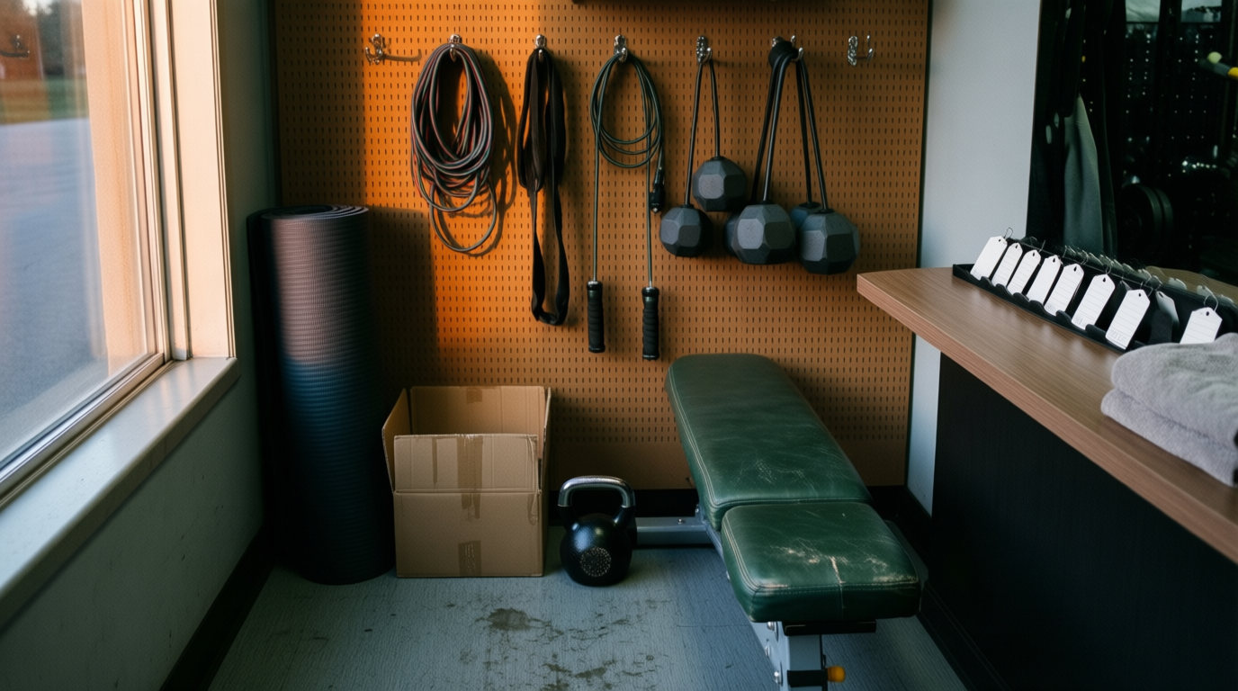 A home gym corner in a store aisle features dumbbells, resistance bands, and a kettlebell on scuffed linoleum under mixed lighting.