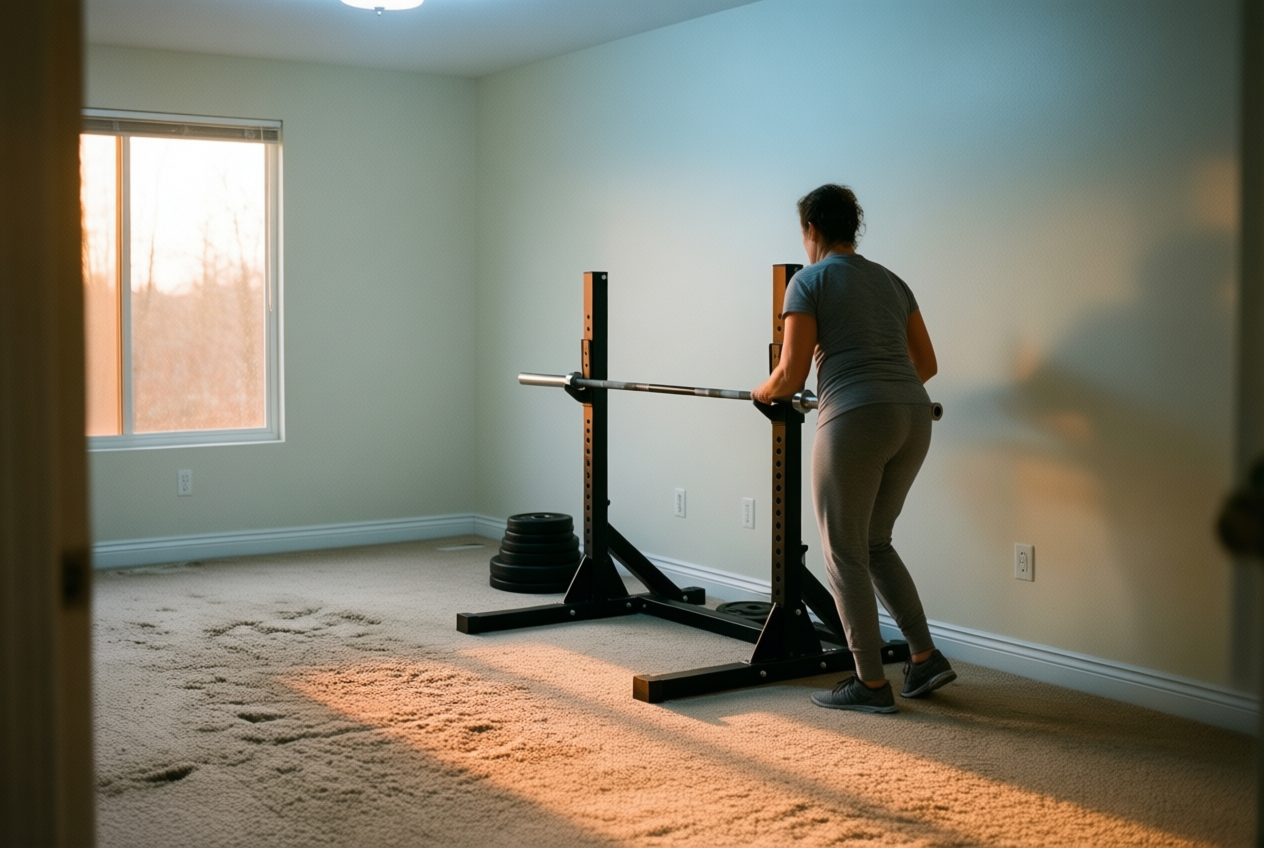 A woman pushes a squat rack in her home gym, bathed in warm evening sunlight.
